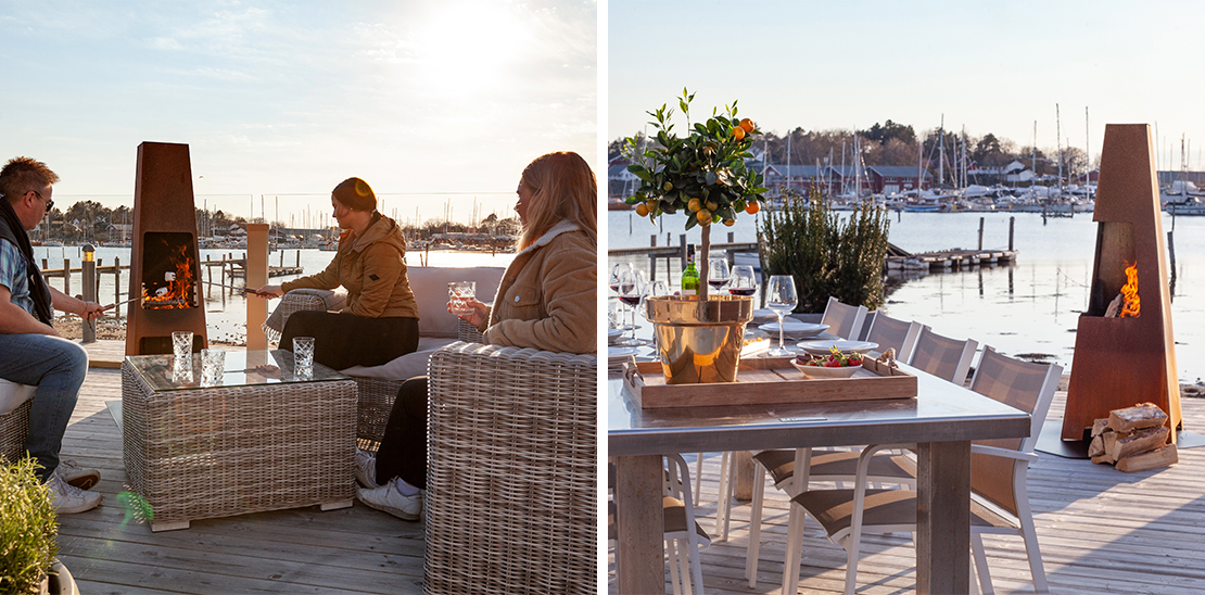 Jøtul Loke outdoor fireplace and Jøtul Terrazza XL outdoor fireplace on a terrace by the sea